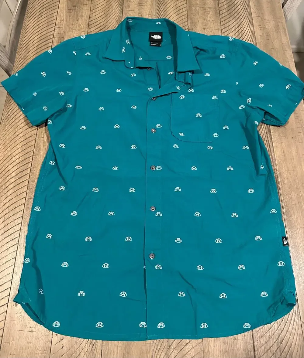 The North Face Men's Teal Green Half Dome Tent Print SS Button Down Shirt Large